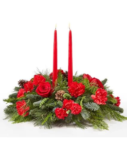 All Red 2 Red Candle Evergreen Centerpiece Christmas