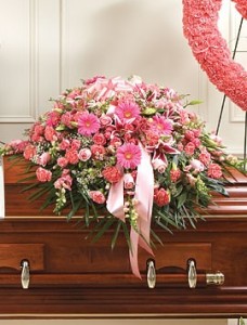 SWEET COMFORT Half Casket Spray of shades of pink flowers. Roses, gerbera daisies, carnations, snapdragons and more