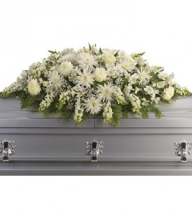 PEACEFUL WHITE  Half Casket Spray of shades of whites, fugi mums, shapdragons, cremons, roses and white filler in season