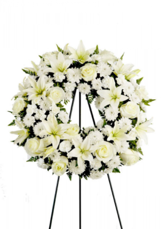 all white funeral wreat standing wreat