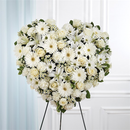 All White Mixed Flower Solid Heart Standing Spray