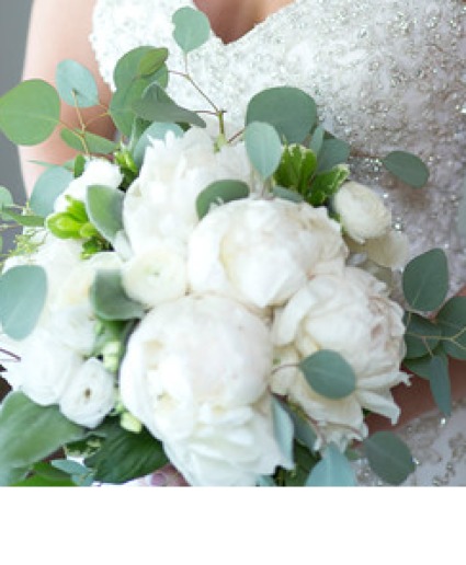 All white Peony, Ranunculus and eucalyptus Bridal Bqt.