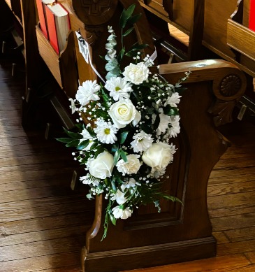 All white Pew arrangement in Edgewater, MD | Blooms Florist
