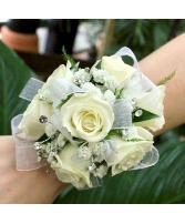 All White Spray Rose and Baby's Breath PROM CORSAGE