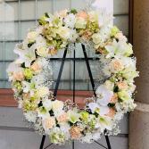 white & peach sympathy wreath  