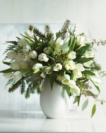all white vase & winter tulips centerpiece