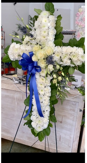 All white with blue thistle  Standing Cross Spray 