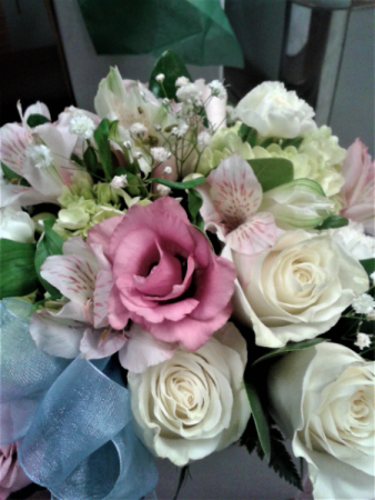 ALLIE'S ROMANTIC  Bouquet in pinks and white with pale blue ribbon