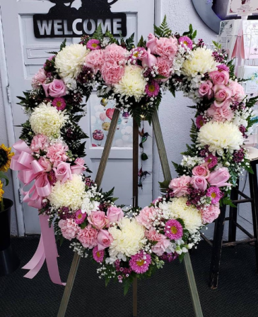 Always Remembered Pink Open Heart Easel Stand Funeral Standing spray in Hesperia, CA | FAIRY TALES FLOWERS & GIFTS