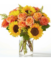 Amber Sunlight Bouquet 1 DZ roses & 5 Sunflowers