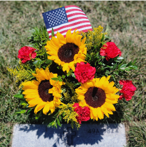 American Sunset Gravesite Arrangement & Sm Flag Grave Site Flowers 