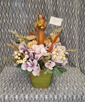 Angel holding flowers in basket - Silk arrang. 