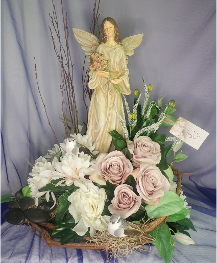 Angel Statue w/ Roses and Dahlia Silks Angel Statue with Silk Flowers in Basket