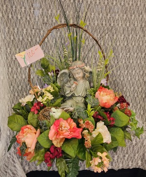 Angel w Rose Statue & Bird in Silk Basket 