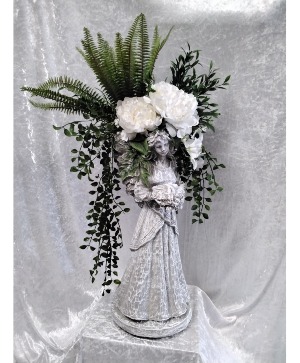 Angelic Peace artificial florals, cement statue