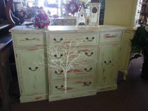 Antique Cherry Breakfront Buffet Handpainted and distressed / $300.00 in Wickliffe, OH | WICKLIFFE FLOWER BARN Antique Cherry Breakfront Buffet Handpainted and distressed / $300.00 in Wickliffe, OH | WICKLIFFE FLOWER BARN