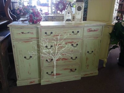 Antique Cherry Breakfront Buffet  Handpainted and distressed / $300.00