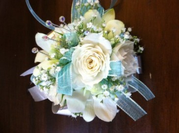 Aqua and White Wristlet Corsage