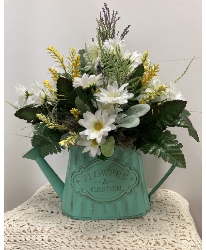 Aqua Watering Can and White Daisies Permanent botanical