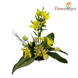 Art in Yellow Yellow Lilie and Symbidium Arrangement in Miami, FL | FLOWERTOPIA Art in Yellow Yellow Lilie and Symbidium Arrangement in Miami, FL | FLOWERTOPIA