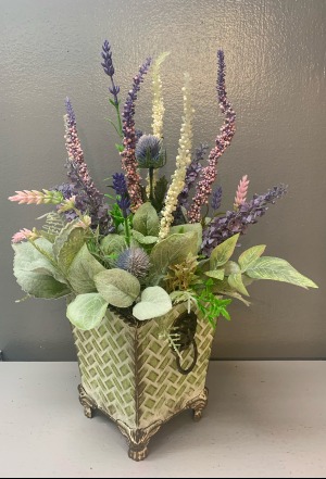 (ARTIFICAL) Lavender, white and pink in green tin Silk Arrangement (ARTIFICIAL)
