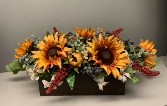 (ARTIFICAL) Rusty metal centerpiece with suflowers berries rust heather and blue berries Silk Flowers