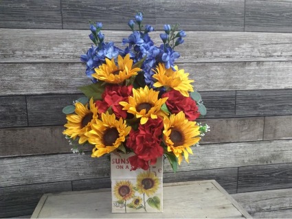 Artificial blue, red with Sunflower in cream tin Silk arrangement 