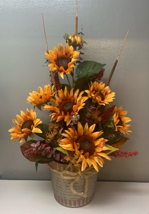 (ARTIFICIAL) Rustic sunflowers in tin Silk Arrangement (ARTIFICIAL)