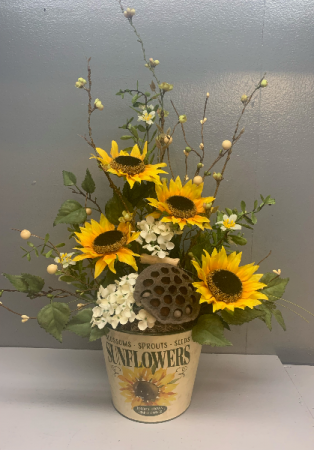 Artificial silk sunflower, white hydrangea Artificial silk