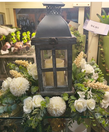 Artificial Sympathy Wreath w Lantern  in Granger, IN | Yellow Rose Florist And Flower Basket