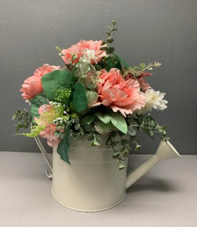 (artificial) water can with peach and white Silk Arrangement