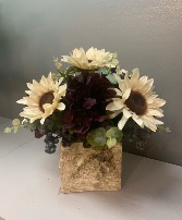 (ARTIFICIAL) White sunflower dark purple hydrangea In Birch Box Silk Arrangement (ARTIFICIAL)