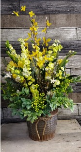 Artificial yellow flowers in metal container  Silk arrangement 
