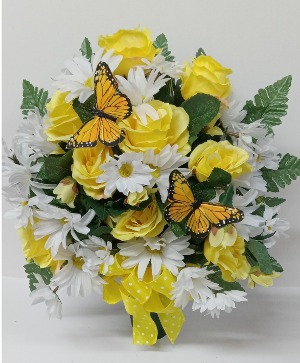Artificial Yellow Roses & Butterfly Cemetery Cone 