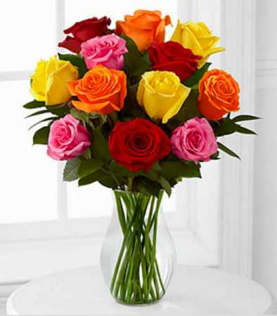 Assorted Colour Dozen Roses Vase Arrangement