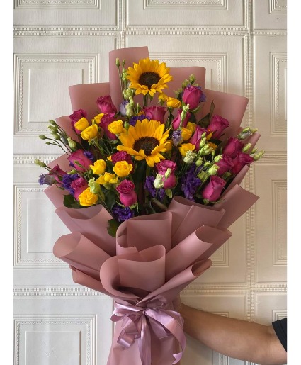 Assorted Flower Wrapped in Dusty Pink Assorted Flower Basket