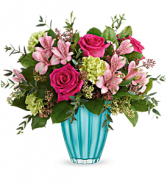 Assorted pinks in Teal Vase Arrangement