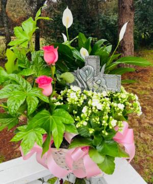 Assorted Plant Basket with Cross & Roses 