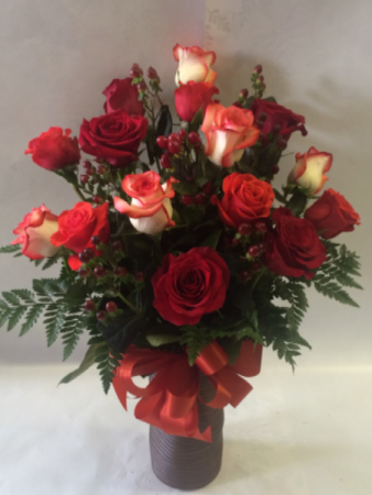 15 Assorted Red & Varrigated Rose Vase Arrangement