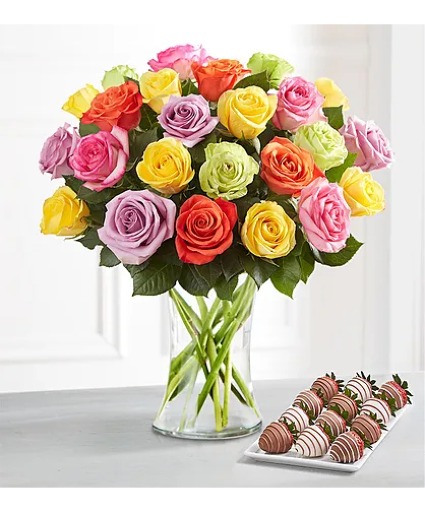 assorted roses with chocolate cover strawberries  