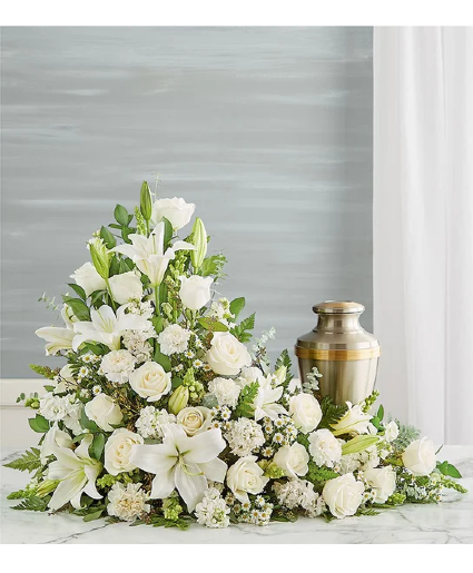 Asymetrical Cremation Arrangement- All White sympathy arrangements