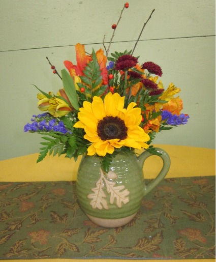 Autumn Blooms Pitcher arrangement