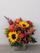 Autumn sunburst Wooden box fall arrangement