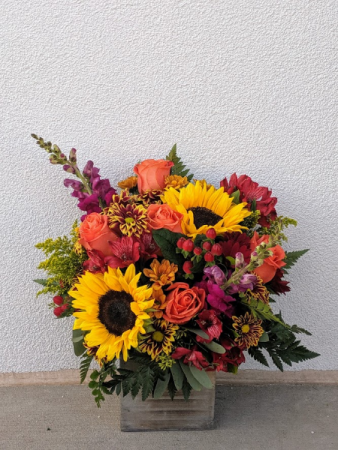 Autumn sunburst Wooden box fall arrangement