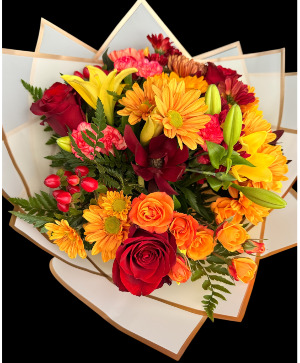 Autumn Wrap Bouquet Assorment of fall flowers