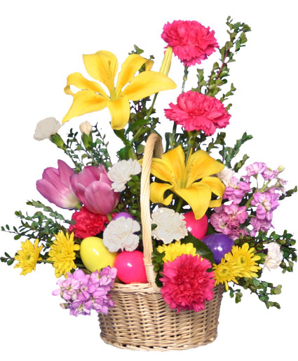 Egg-Citing Easter Basket Of Fresh Flowers Flower Bouquet