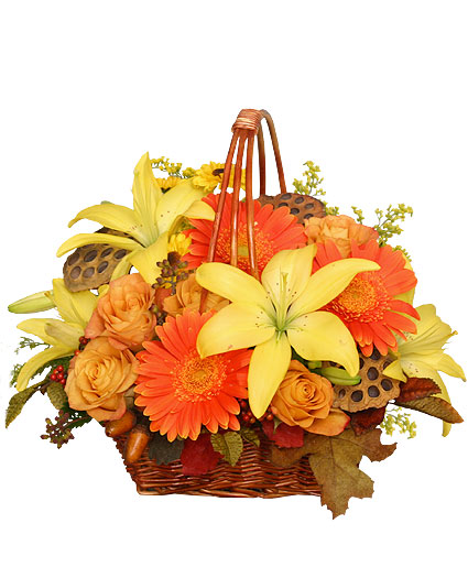 Golden Grandeur Basket Of Fall Flowers Flower Bouquet
