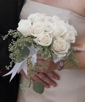 Crisp White Roses & Seeded Eucalyptus Bridal Bouquet