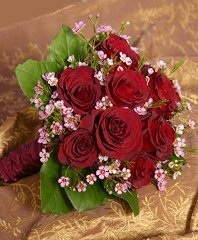 Deep Red Roses & Pink Waxflowers Bridal Wedding Bouquet