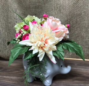 Baby arrangement  Elephant pot silk flowers